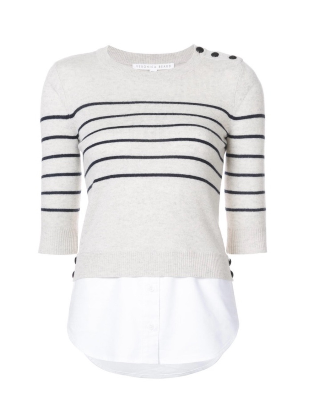 Veronica Beard Cream Sweater with Navy Stripe Detail and Shirt Hem